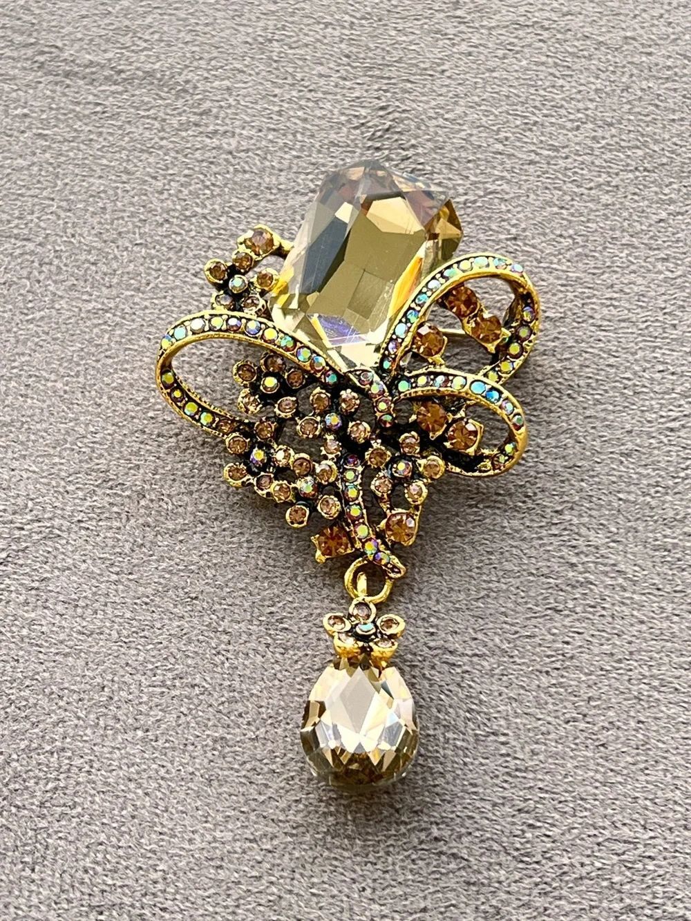 Gold-Tone Champagne Rhinestone Crystal Floral Drop Brooch